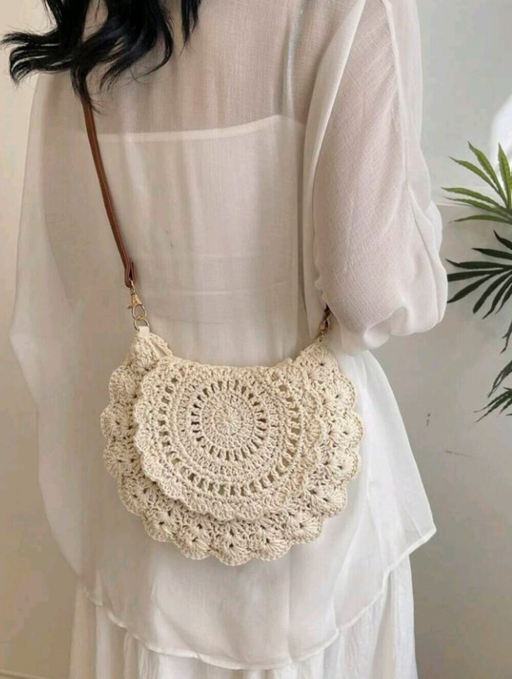 Crochet Cream Crossbody Bag Brown Vegan Leather Strap